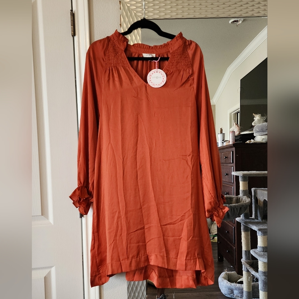 Umgee Silky Burnt Orange Longsleeve Dress